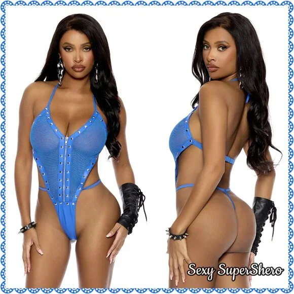 🆕💙Sexy Leather & Fishnet Studded Trim Teddy Lingerie or top - Picture 3 of 5